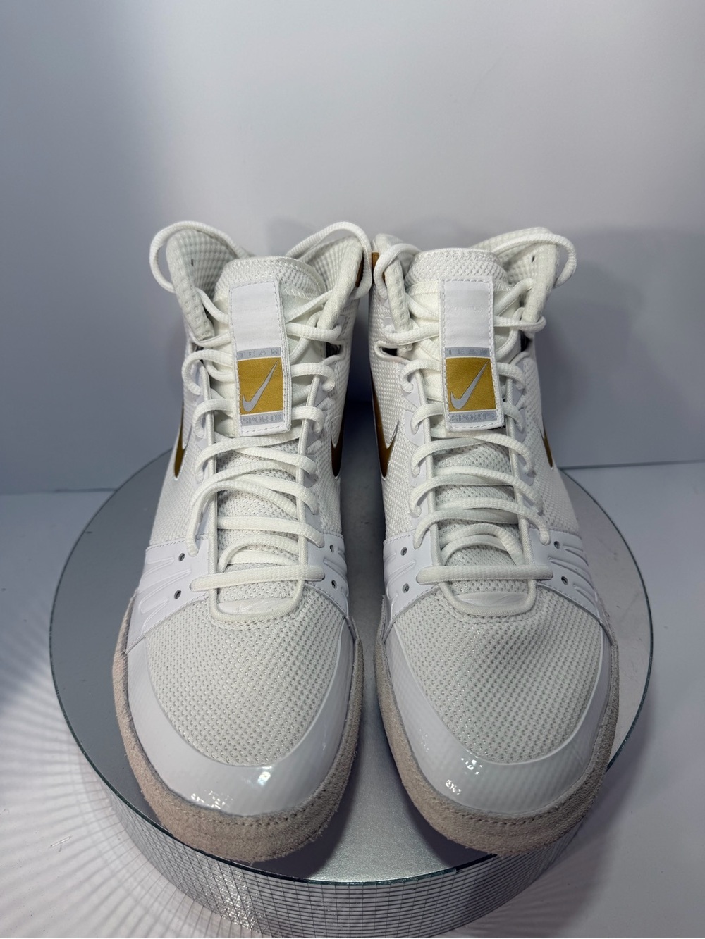 Nike White and Gold Mid-Top wrestling Sneakers size 11 new w/out box& tags